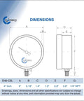 Technical drawing of Dry 30 PSI Pressure Gauge With 4 Inch Dial Lower Mount Quarter Inch NPT Chrome Plated Steel Case Brass Wetted Parts