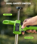 TaskStar 21V Battery Powered Weed Puller Tool With Two 2000Mah Batteries showing dual safety switch features and operational buttons.