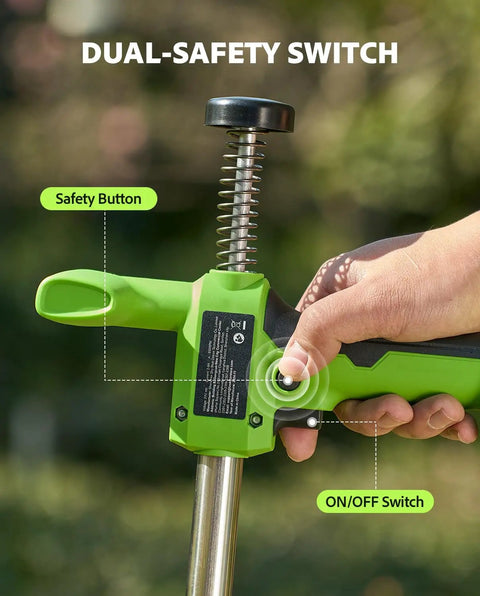 TaskStar 21V Battery Powered Weed Puller Tool With Two 2000Mah Batteries showing dual safety switch features and operational buttons.