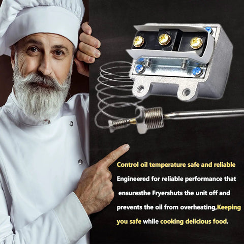 Chef showing the Upgraded 1177 High Limit Fryer Thermostat Switch Three Eighths Inch MPT 450 F Replacement OEM Part