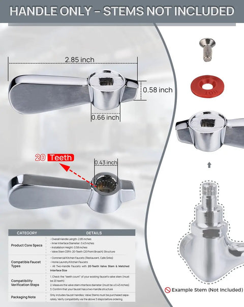 Premium 2 Pack Faucet Handle Replacement Kit Boasting A Beefy 0.43 Inch Stem And Rock Solid 20 Point Broach Interface detailed image with dimensions.
