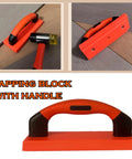 Laminate Wood Flooring Installation Kit With Tapping Block And Handle, shown with rubber mallet and wood surface