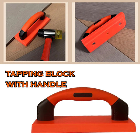 Laminate Wood Flooring Installation Kit With Tapping Block And Handle, shown with rubber mallet and wood surface