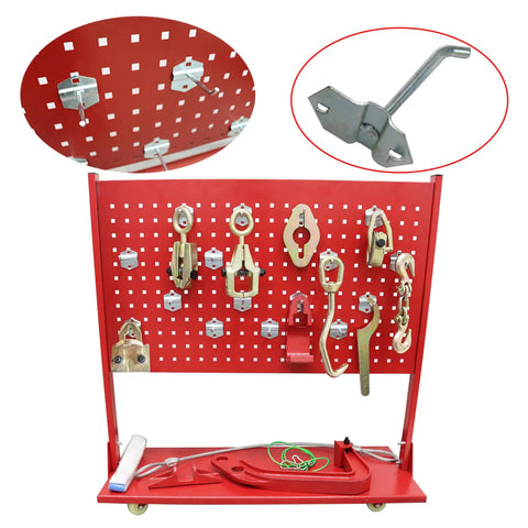 Heavy Duty 10 Ton Auto Body Frame Straightener and Frame Puller for Car Repair, tool cart with accessories hanging on a red board.