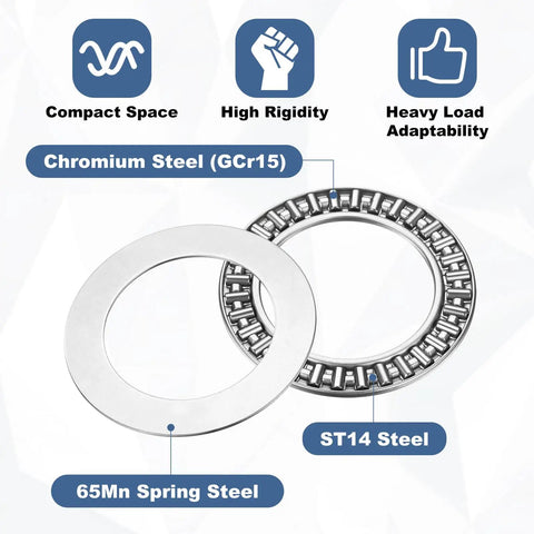 AXK4060 Thrust Needle Roller Bearings Set With 4 Washers, Chrome Steel, close-up with material labels and features.