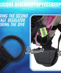 Four Pack Scuba Fin Retainer Lanyards Kit With Regulator And Octopus Mouthpiece Holders Reflective Webbing shown secured