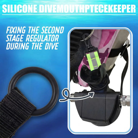 Four Pack Scuba Fin Retainer Lanyards Kit With Regulator And Octopus Mouthpiece Holders Reflective Webbing shown secured