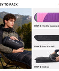 Man holding lightweight sleeping bag for kids and adults, ideal for backpacking and scouts, compact yet roomy 33 by 86.6 inches