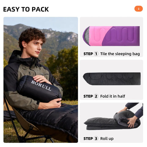 Man holding lightweight sleeping bag for kids and adults, ideal for backpacking and scouts, compact yet roomy 33 by 86.6 inches