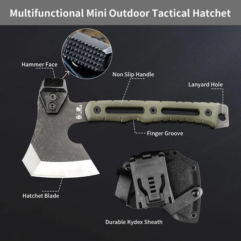 Multifunctional Splitting Axe For Camping And Bushcraft with Kydex sheath, hammer face, and non-slip handle