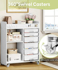 Rolling Storage Cart With Top Pegboard And Six Drawers Mobile Utility Cart On Wheels With Locking Brakes Craft Organizer For Home Office And Craft Room White Wood Frame.
