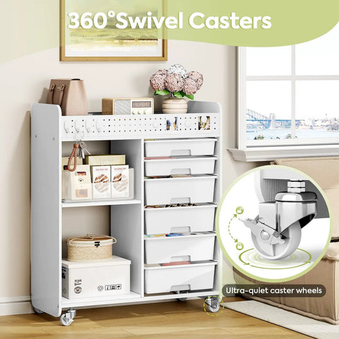 Rolling Storage Cart With Top Pegboard And Six Drawers Mobile Utility Cart On Wheels With Locking Brakes Craft Organizer For Home Office And Craft Room White Wood Frame.