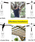 Effortless installation of Outdoor String Lights 150Ft Waterproof LED Patio Lights with 50 dimmable bulbs shown using various methods.