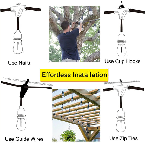 Effortless installation of Outdoor String Lights 150Ft Waterproof LED Patio Lights with 50 dimmable bulbs shown using various methods.