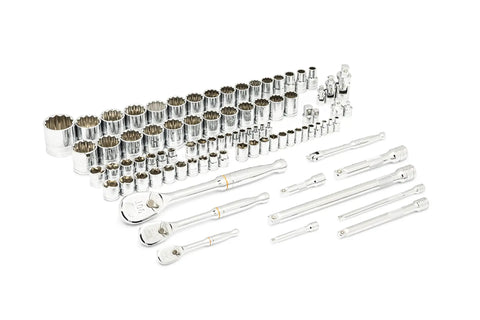 Beefy 83 Piece SAE And Metric Mechanics Tool Set With One Quarter Inch Three Eighths Inch One Half Inch Sockets displayed on white surface
