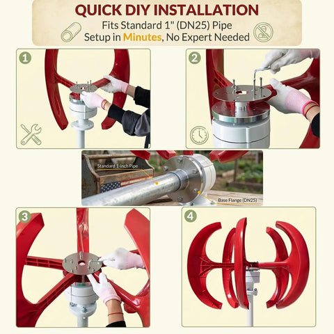 Vertical Wind Turbine Kit 100W 300W 500W With MPPT Controller 12V 24V 48V Option installation on DN25 pipe