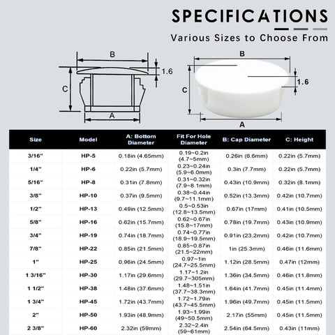 Specifications chart for White 50 Mm Round Hole Plugs Set Of 6 For Flush Snap In Covers And Screw Hole Caps with diagram and sizes