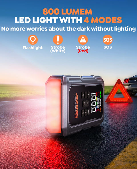 All In One Car Jump Starter With Air Compressor And Tire Inflator with 800 lumens light and SOS strobe on roadside at twilight