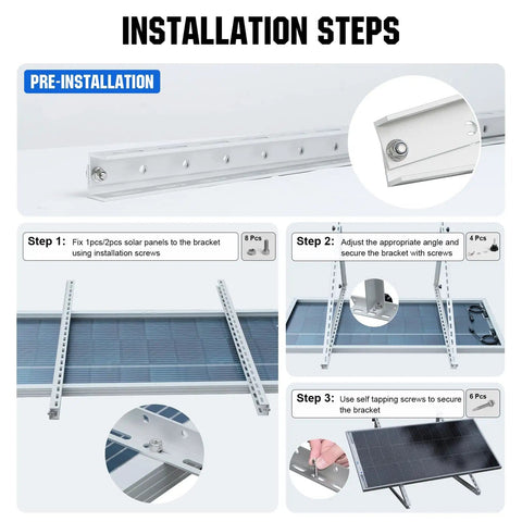 Installation steps for Two Sets 45 Inch Adjustable Tilt Solar Panel Mount Brackets For 2 To 4 Panels 100W To 400W Roof RV Boat Off Grid Energy Kit