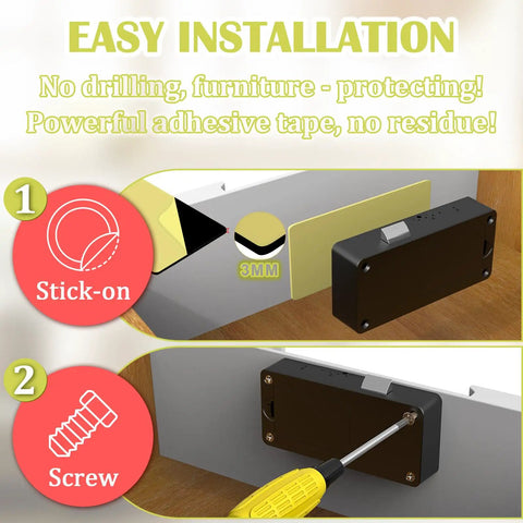 Installation method for Smart Cabinet Lock With Multi Access Hidden RFID Keyless Bluetooth Lock for drawers and cabinets with adhesive or screws shown