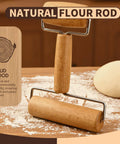 Mini Wooden Rolling Pin For Dough With Double Handles Nonstick Pizza Roller on floured board with dough ball