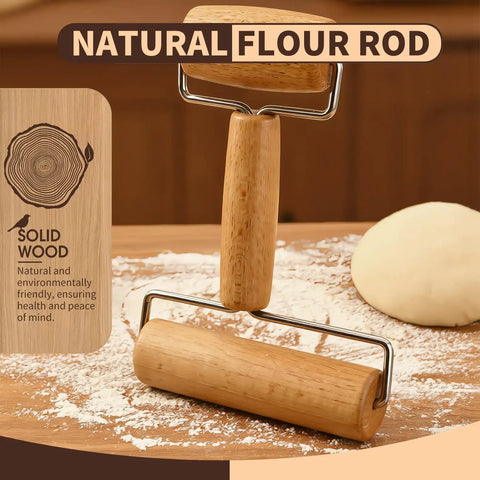 Mini Wooden Rolling Pin For Dough With Double Handles Nonstick Pizza Roller on floured board with dough ball