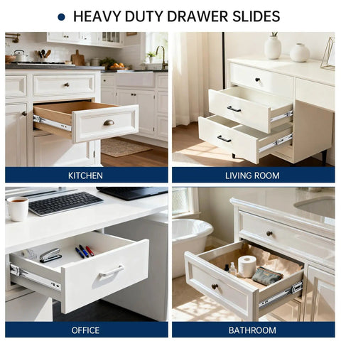 No-Fuss Soft-Close Heavy-Duty 12-Inch Drawer Slides in various room settings