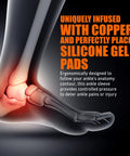Illustration showing copper infused ankle support sleeve with gel pads and highlighted silicone pads on foot model
