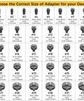 Adapter chart for Laser Bore Sight Kit With 32 Adapters For 0.17 To 12 GA Calibers, shows adapter sizes and calibers in inches and mm.