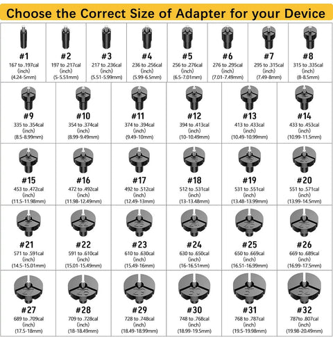 Adapter chart for Laser Bore Sight Kit With 32 Adapters For 0.17 To 12 GA Calibers, shows adapter sizes and calibers in inches and mm.