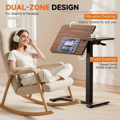 Tiltable Mobile Standing Desk With Wheels Pneumatic Height Adjustable Overbed Table For Laptop And Meals in use beside chair