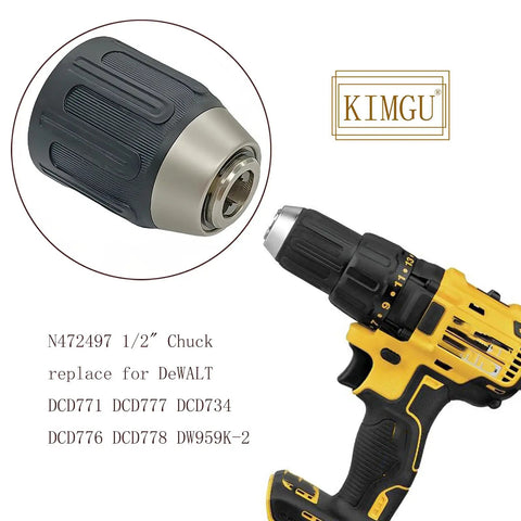 1/2 Inch Drill Chuck Replacement For 18V And 14.4V Cordless Drills Fits DCD771 DCD777 shown with yellow drill handle