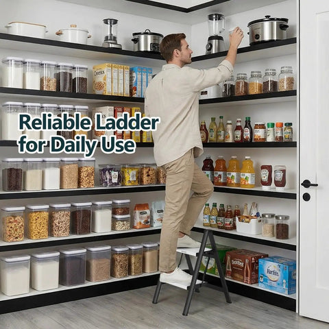 Foldable Two Step Ladder With 330 Pound Capacity Anti Slip Feet Sturdy Alloy Construction Compact Step Stool For Home Kitchen Closet Use Black And White in pantry