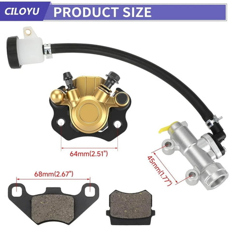Go Kart Brake Master Cylinder Caliper Bolt On Kit With 69 Inch Hydraulic Hose For Coleman KT196 GK200 196cc 6.5HP Replacement Parts Includes Bleed Air Instructions Powersports Caliper Assembly with dimensions shown