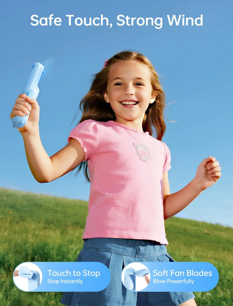 Power Bank Handheld Fan With 4500mAh Battery Folding Personal Fan held by girl outdoors