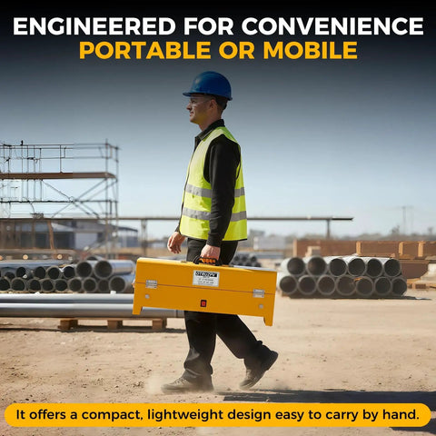 Person carrying Heavy Duty Pvc Conduit Heater Box For Schedule 40 And 80 Pipe Bending Tool, portable for job sites.