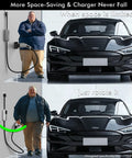 Badass Wall Mount J1772 EV Charger Holder Boasts A Slick Swivel To Clear Floor Space In Tight Garages Locks Type 1 Sae Plugs Solid For Ford Kia Gm And Other Electric Rides on a wall beside a black electric vehicle.