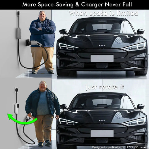 Badass Wall Mount J1772 EV Charger Holder Boasts A Slick Swivel To Clear Floor Space In Tight Garages Locks Type 1 Sae Plugs Solid For Ford Kia Gm And Other Electric Rides on a wall beside a black electric vehicle.