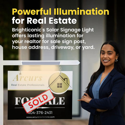 Smiling professional near illuminated Solar Address Sign Light Two Pack With IP65 Waterproof for real estate use, SOLD label visible.