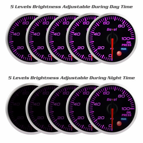 Ten 52mm Bezel oil pressure gauges kit with purple LED, clear lens, silver ring, 0–100 psi for car and truck