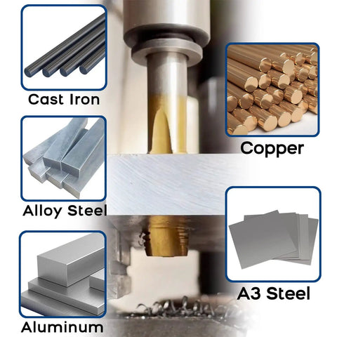 M14 X 2 Spiral Point Tap Pro Grade HSS Titanium Coated 14mm cutting various metals including steel, copper, and aluminum