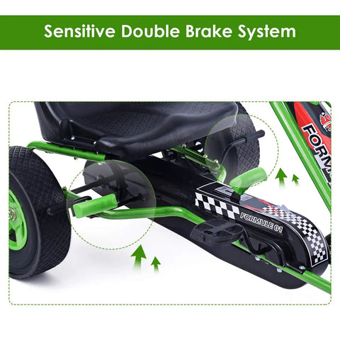 Kids Off Road Pedal Go Kart With Adjustable Seat Dual Safety Brakes EVA Rubber Tires close-up showing brake system