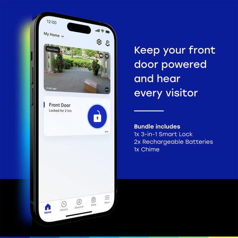 Smartphone displaying Secure View 3-In-1 Smart Lock Deadbolt With Video Doorbell And 2K HDR Camera app interface