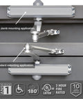 Heavy Duty Commercial Door Closer With Aluminum Finish Built For High Traffic Spaces Adjustable From Size 1 To 5 180 Degree Opening Controls Traffic Prevents Slamming Ideal For Exterior And Interior Doors demonstrating top jamb and standard mounting applications.