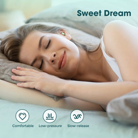 Woman sleeping with Soft Sleep Ear Plugs With Aluminum Case 120 Count High Noise Cancelling Earplugs for Snoring Studying Working and Side Sleepers Catch Some Zzzs Industrial Grade Hearing Protection Ultra Comfort Slow Rebound Foam 38dB SNR 31dB NNR
