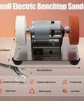 Heavy Duty Mini Benchtop Sander And Electric Spindle Grinder Featuring Ultra Quiet Brushless Motor And Adjustable Speed on a stainless steel base.