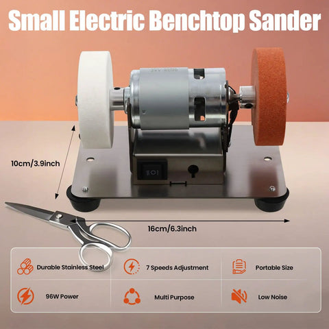 Heavy Duty Mini Benchtop Sander And Electric Spindle Grinder Featuring Ultra Quiet Brushless Motor And Adjustable Speed on a stainless steel base.
