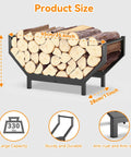 Indoor Outdoor Firewood Rack With Large Capacity Rustproof Steel Log Holder For Fireplace And Outdoor Use Curved Beefy Heavy Duty Wood Storage Rack Black Supports Up To 330 Pounds Durable 3mm Thick Steel displaying product dimensions and logs