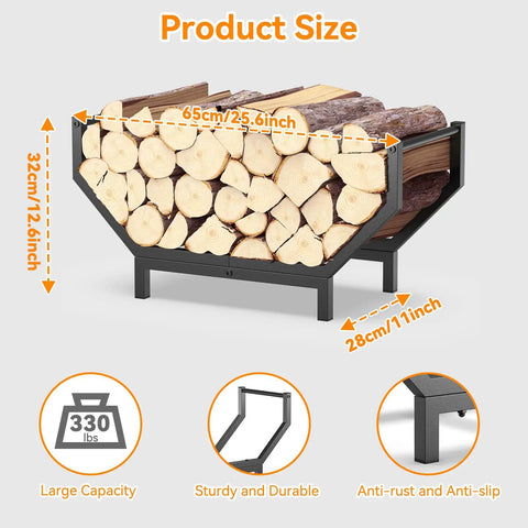 Indoor Outdoor Firewood Rack With Large Capacity Rustproof Steel Log Holder For Fireplace And Outdoor Use Curved Beefy Heavy Duty Wood Storage Rack Black Supports Up To 330 Pounds Durable 3mm Thick Steel displaying product dimensions and logs