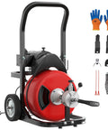 Heavy Duty 370W Drain Auger Featuring 100 Ft Bend Resistant Steel Core Cable With Foot Switch, red drain snake tool and accessories.